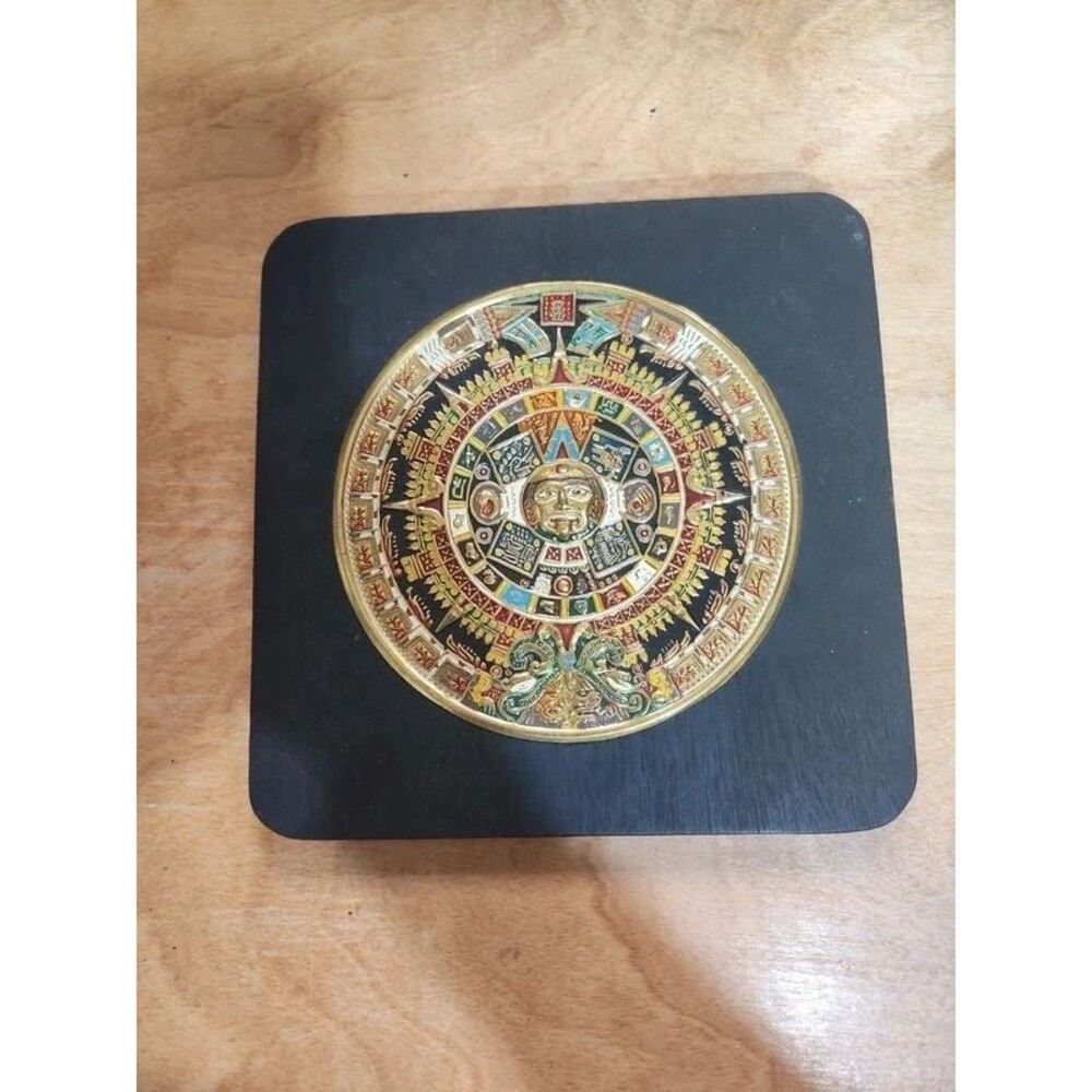 vintage gold metal on black wood sun stone Aztec calendar  wall plaque 9"x9"